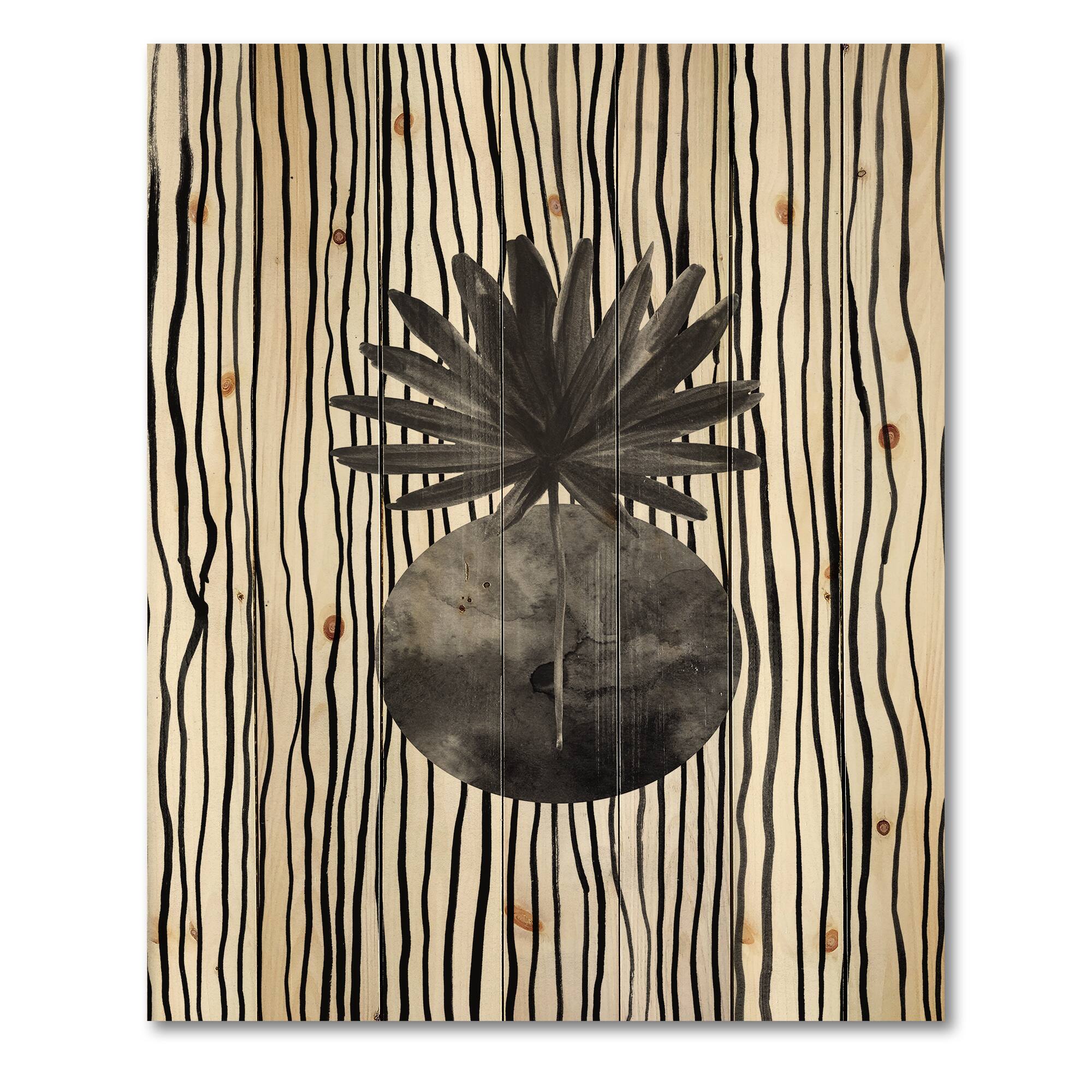 Designart - Black and White Tropical Leaf On Striped I